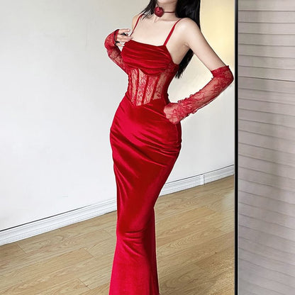 Set: Spaghetti Strap Lace Corset Sheath Dress + Arm Sleeves