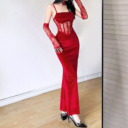 Set: Spaghetti Strap Lace Corset Sheath Dress + Arm Sleeves