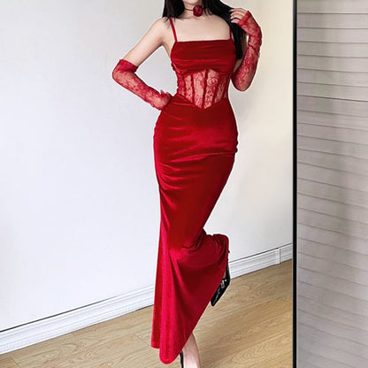 Set: Spaghetti Strap Lace Corset Sheath Dress + Arm Sleeves