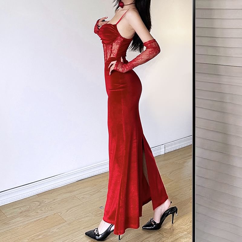 Set: Spaghetti Strap Lace Corset Sheath Dress + Arm Sleeves
