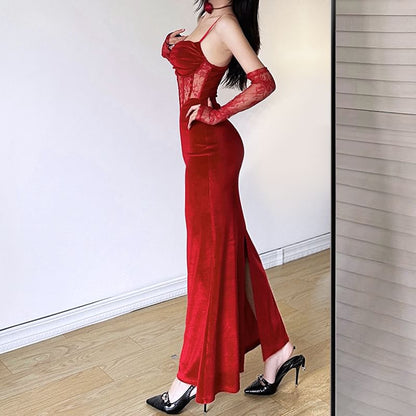 Set: Spaghetti Strap Lace Corset Sheath Dress + Arm Sleeves
