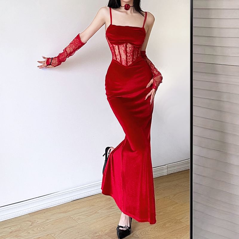 Set: Spaghetti Strap Lace Corset Sheath Dress + Arm Sleeves