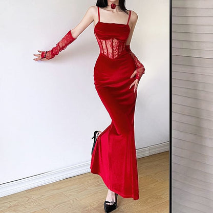Set: Spaghetti Strap Lace Corset Sheath Dress + Arm Sleeves