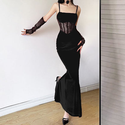 Set: Spaghetti Strap Lace Corset Sheath Dress + Arm Sleeves