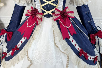 Puff Sleeve Square Neck Bow Ruffle Panel Midi A-Line Dress