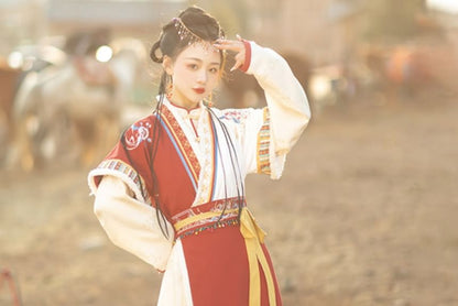 Long-Sleeve Stand Collar Contrast Trim Frog Closure Blouse / Short-Sleeve Floral Embroidered Fluffy Trim Hanfu Top / High Waist Pleated Panel Maxi A-Line Skirt / Set