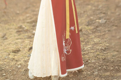 Long-Sleeve Stand Collar Contrast Trim Frog Closure Blouse / Short-Sleeve Floral Embroidered Fluffy Trim Hanfu Top / High Waist Pleated Panel Maxi A-Line Skirt / Set