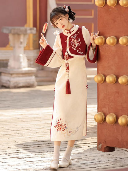 Long-Sleeve Floral Embroidered A-Line Qipao / Round Neck Fluffy Trim Buckle Vest / Tassel Charm / Set