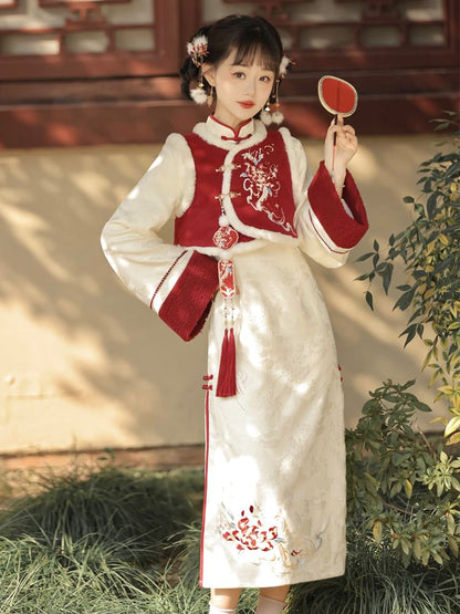 Long-Sleeve Floral Embroidered A-Line Qipao / Round Neck Fluffy Trim Buckle Vest / Tassel Charm / Set