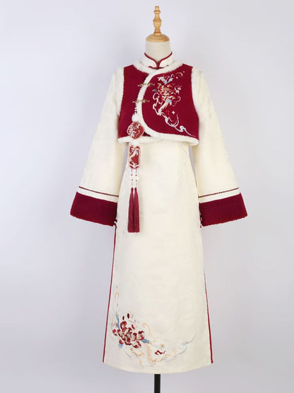 Long-Sleeve Floral Embroidered A-Line Qipao / Round Neck Fluffy Trim Buckle Vest / Tassel Charm / Set