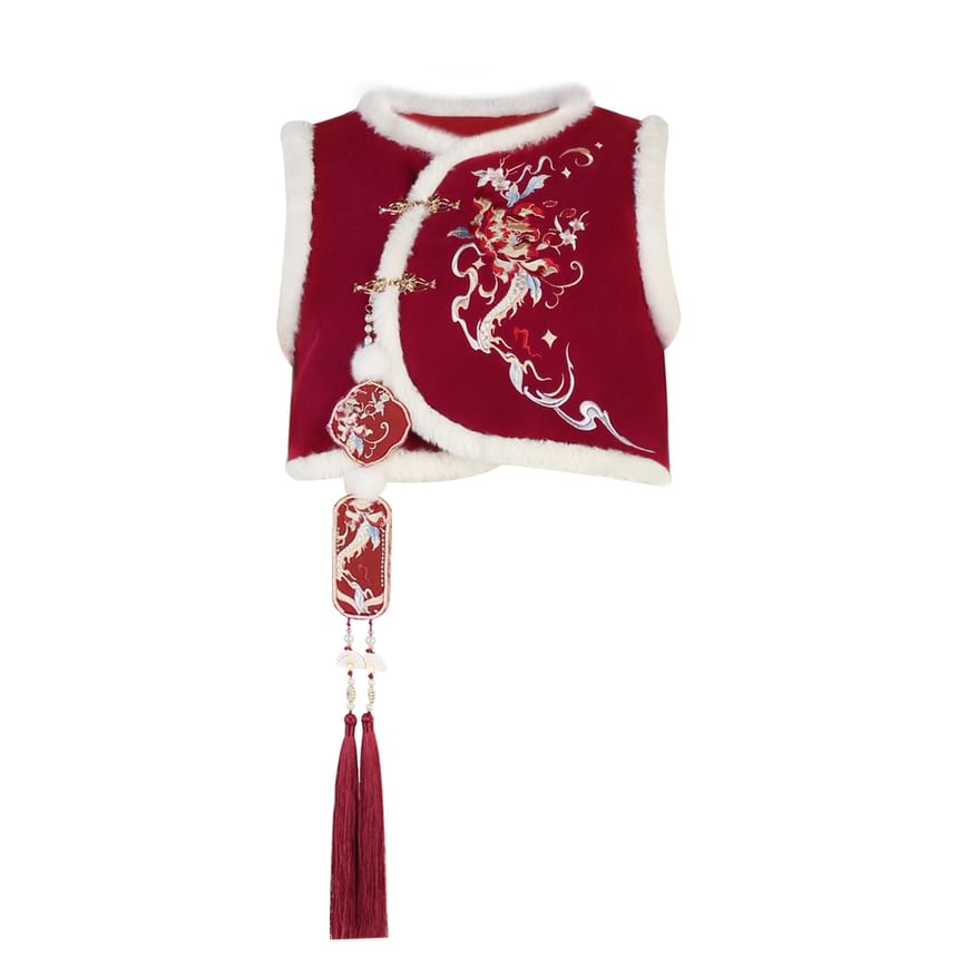 Long-Sleeve Floral Embroidered A-Line Qipao / Round Neck Fluffy Trim Buckle Vest / Tassel Charm / Set