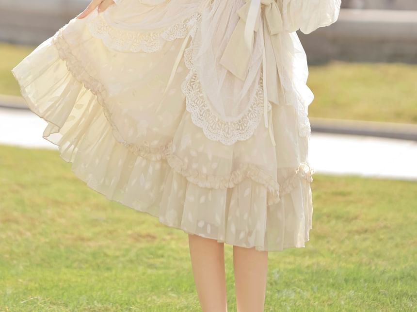 Robe trapèze Lolita à manches longues, col rond, appliqué floral, nœud, panneau à volants