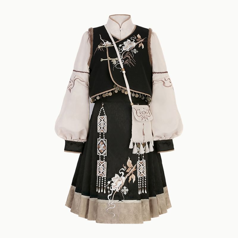 Lolita V-Neck Floral Embroidered Fluffy Trim Frog Closure Vest / High Waist Pleated Midi A-Line Skirt / Faux Pearl Charm / Long-Sleeve Mandarin Collar Blouse / Tassel Crossbody Bag / Set