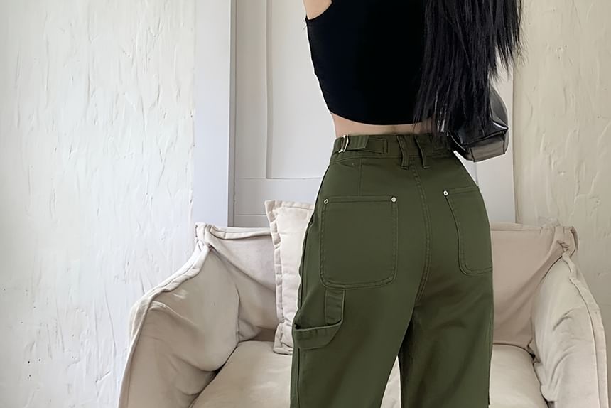 Low Waist Plain Straight-Fit Wide-Leg Cargo Pants