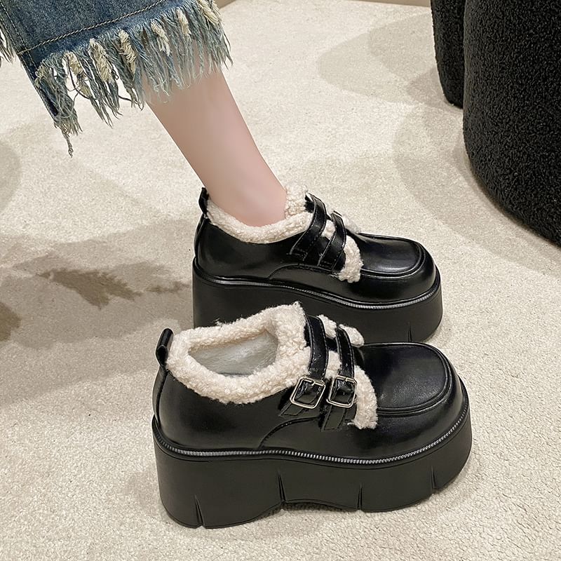 Fleece Trim Wedge-Heel Loafers