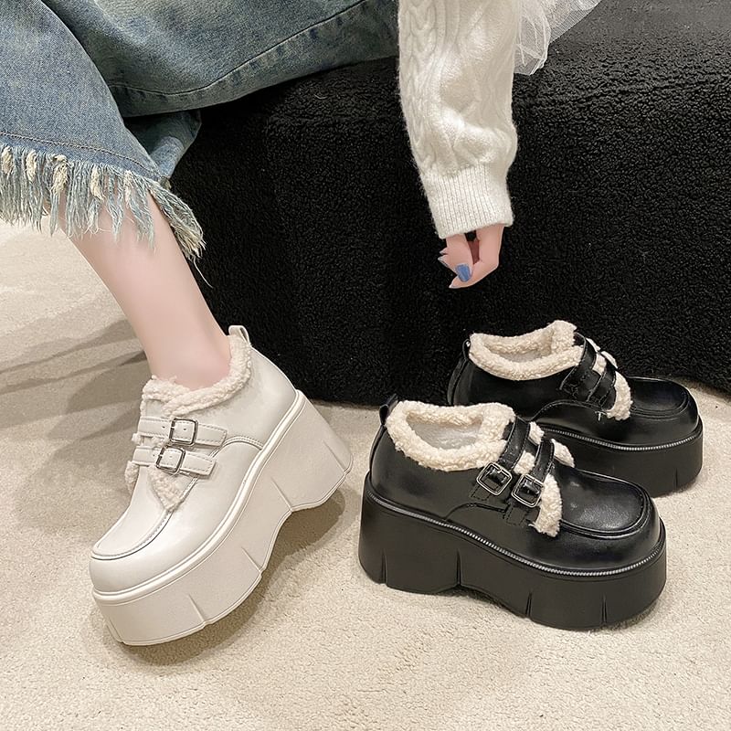 Fleece Trim Wedge-Heel Loafers