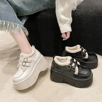 Fleece Trim Wedge-Heel Loafers