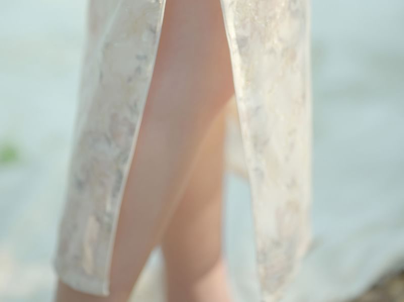 Short-Sleeve Lace Maxi Qipao Dress