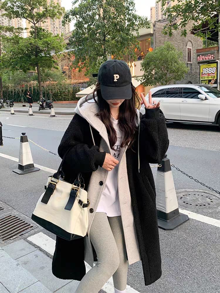 Mock Two Piece Hooded Faux Shearling Oversize Coat