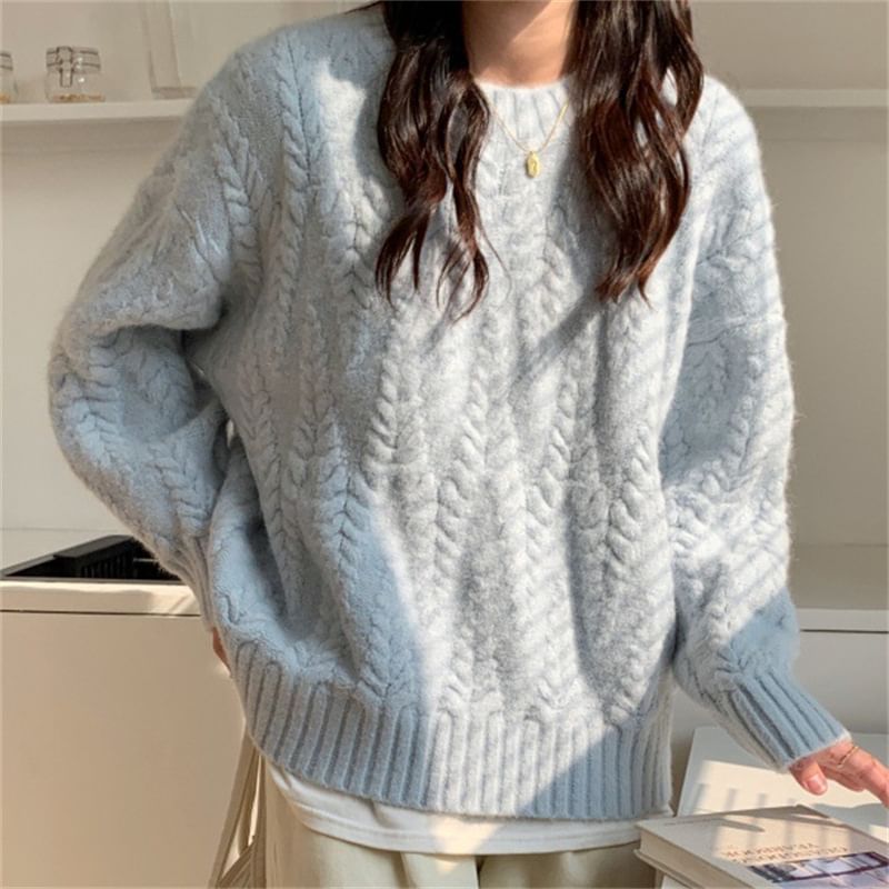Long-Sleeve Crew Neck Plain Cable Knit Sweater