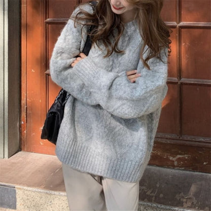 Long-Sleeve Crew Neck Plain Cable Knit Sweater