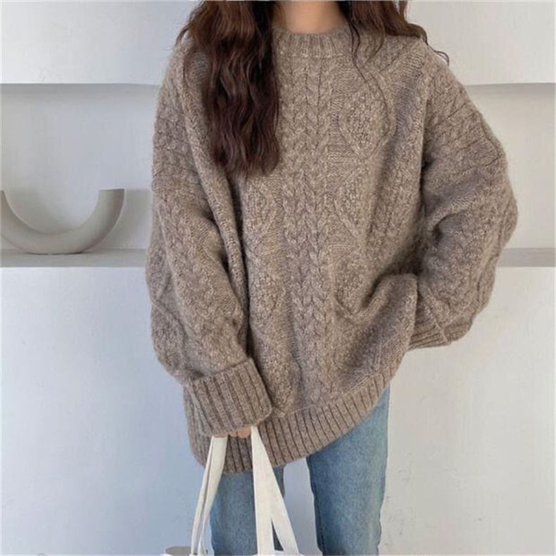 Long-Sleeve Crew Neck Plain Cable Knit Sweater