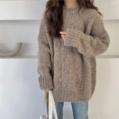 Long-Sleeve Crew Neck Plain Cable Knit Sweater