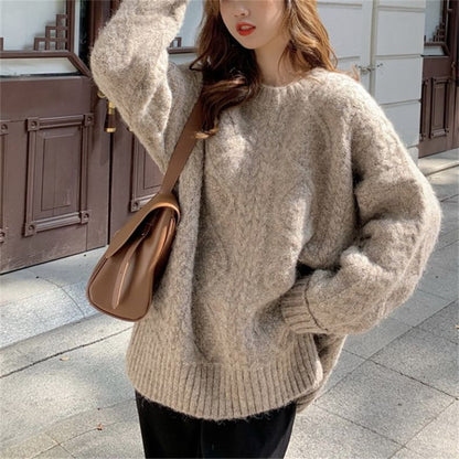 Long-Sleeve Crew Neck Plain Cable Knit Sweater