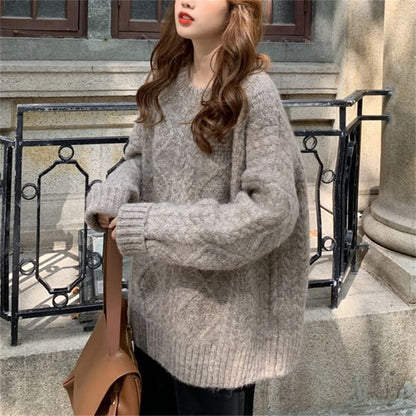 Long-Sleeve Crew Neck Plain Cable Knit Sweater