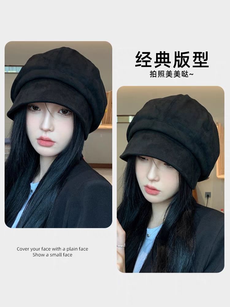 Faux Leather Plain Newsboy Cap