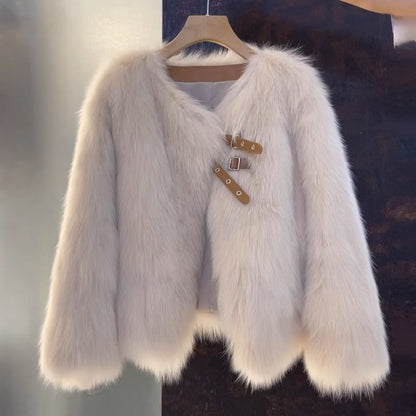 V-Neck Plain Faux Fur Buckle Jacket