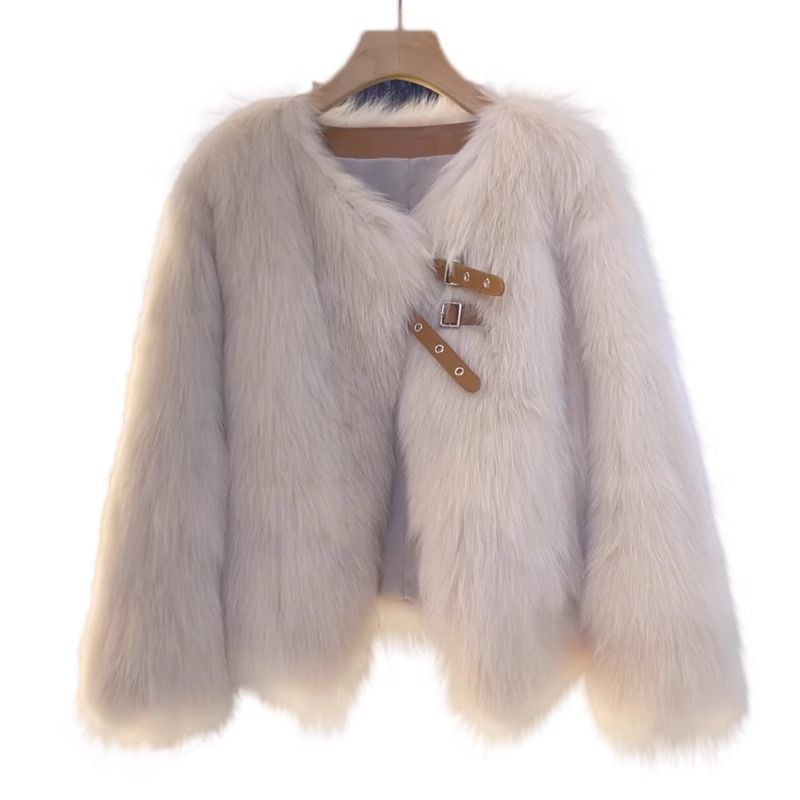 V-Neck Plain Faux Fur Buckle Jacket