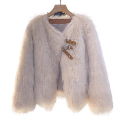 V-Neck Plain Faux Fur Buckle Jacket