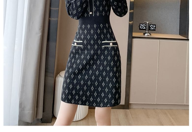 Long-Sleeve Collar Patterned Knit Mini Sheath Dress