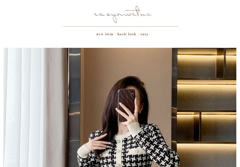 Long-Sleeve Crew Neck Patterned Knit Mini Sheath Dress