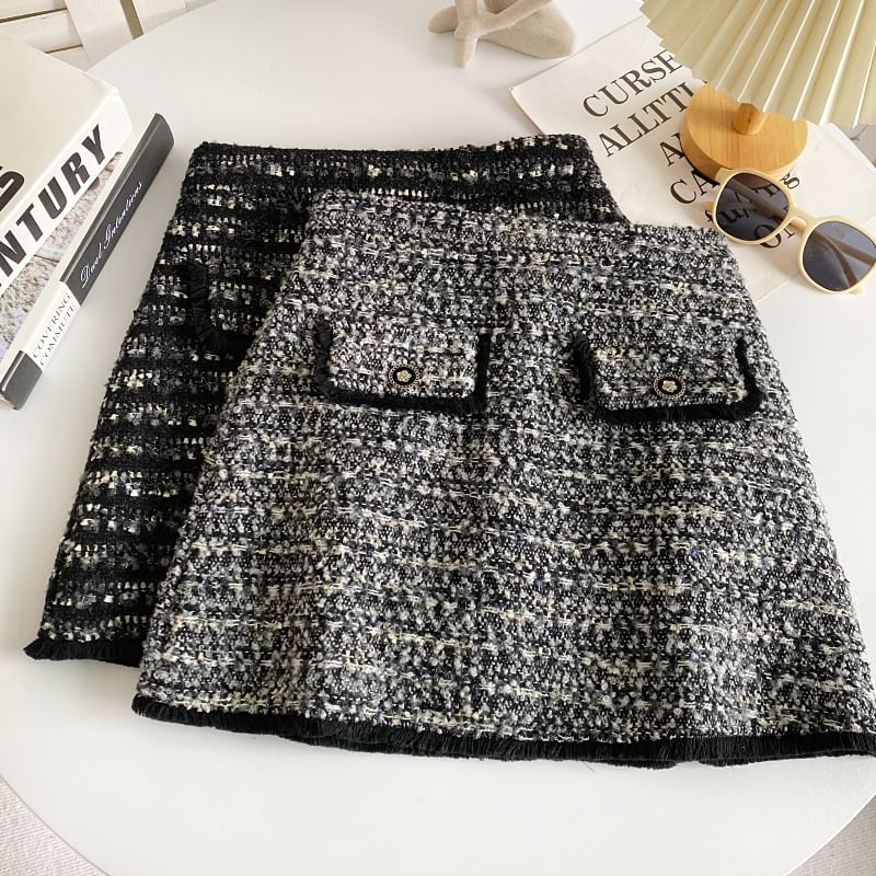 Jupe trapèze mini taille haute en tweed