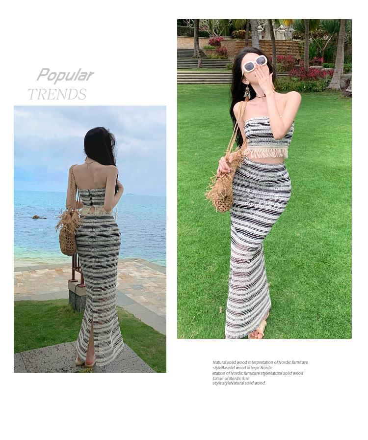 Set: Striped Fringed Crop Tube Top + High Waist Slit Maxi Pencil Skirt