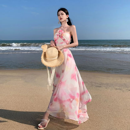 Halter Neck Tie Dye Floral Accent Cutout Open Back Maxi A