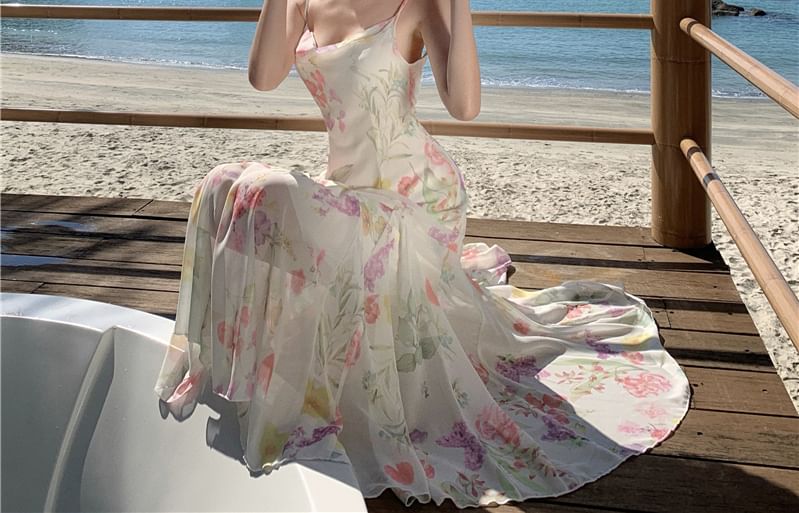 Spaghetti Strap Cowl Neck Floral Print Open Back Maxi Mermaid Dress