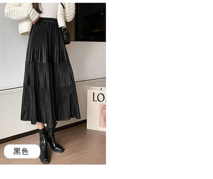 Plain Skirt Midi Waist Velvet Elastic A-Line Tiered