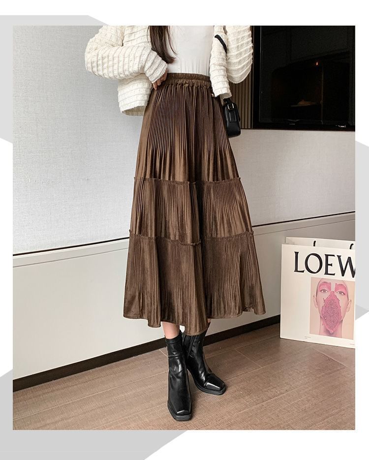Plain Skirt Midi Waist Velvet Elastic A-Line Tiered