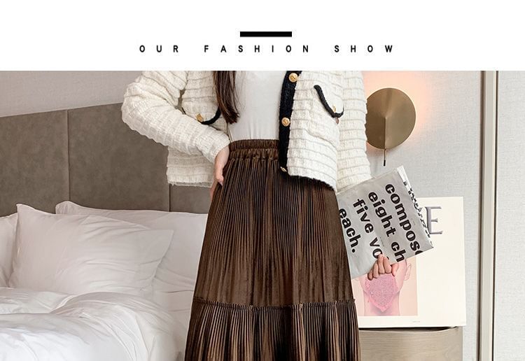 Plain Skirt Midi Waist Velvet Elastic A-Line Tiered