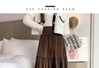 Plain Skirt Midi Waist Velvet Elastic A-Line Tiered