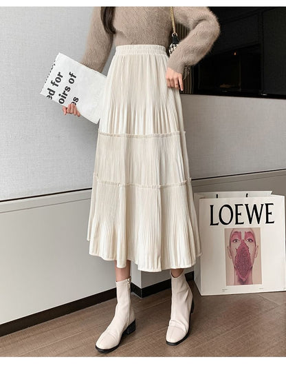 Plain Skirt Midi Waist Velvet Elastic A-Line Tiered