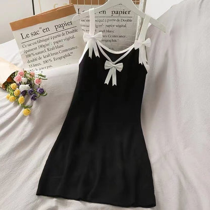 Mini Bow Bodycon Spaghetti Trim Strap Contrast Dress
