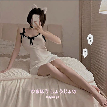 Mini Bow Bodycon Spaghetti Trim Strap Contrast Dress