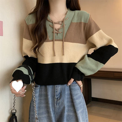 V-Neck Sweater Color Lace-Up Block