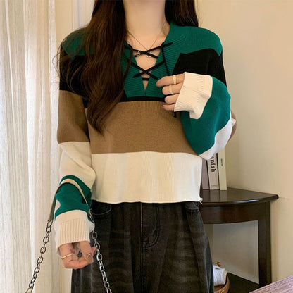 V-Neck Sweater Color Lace-Up Block