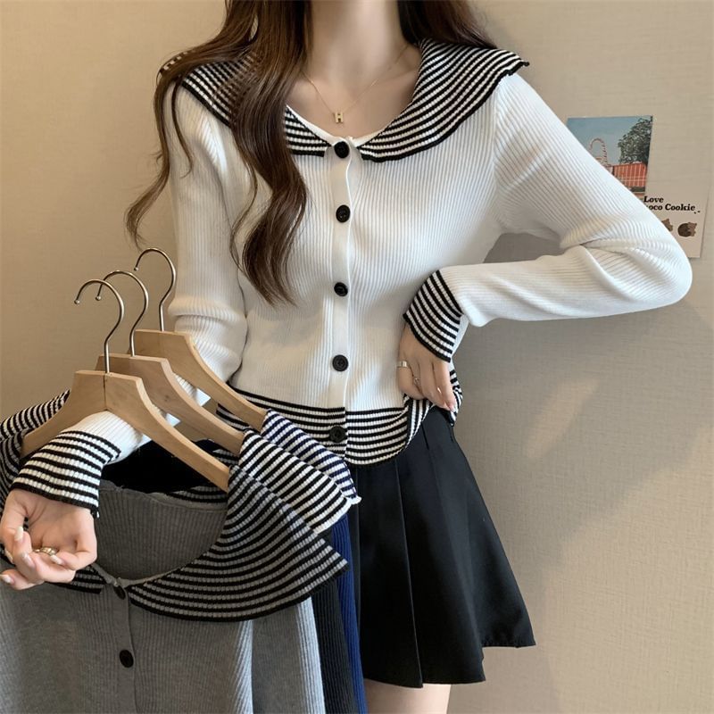 Knit Long-Sleeve Top Button Collar Ribbed Panel Striped