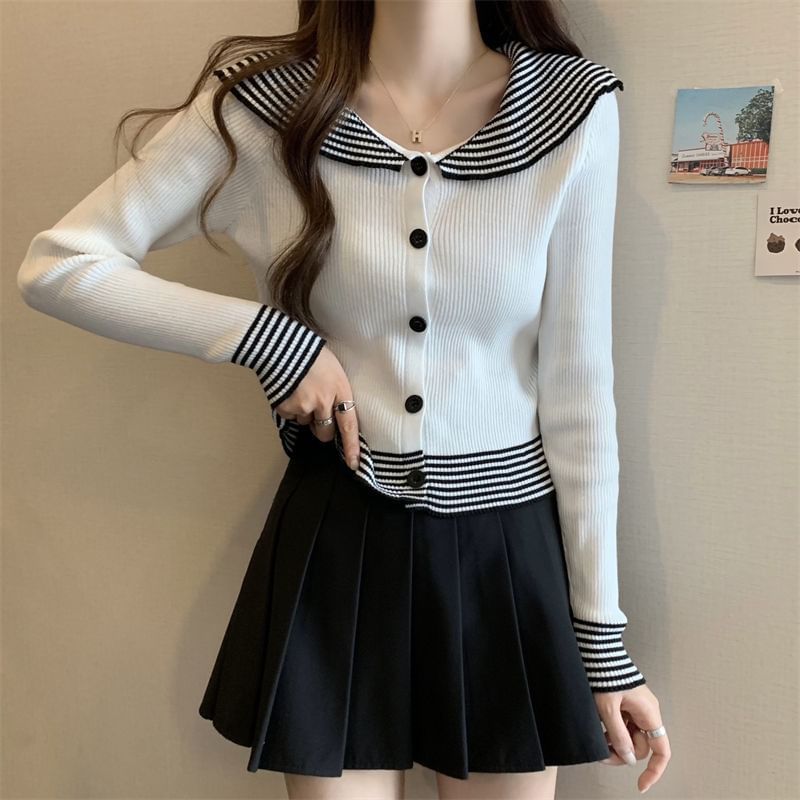 Knit Long-Sleeve Top Button Collar Ribbed Panel Striped